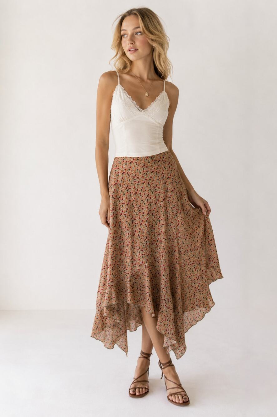 Vintage Tan Polka Dot Y2K Asymmetrical Hem Skirt Womens M Fairy Cottage Core